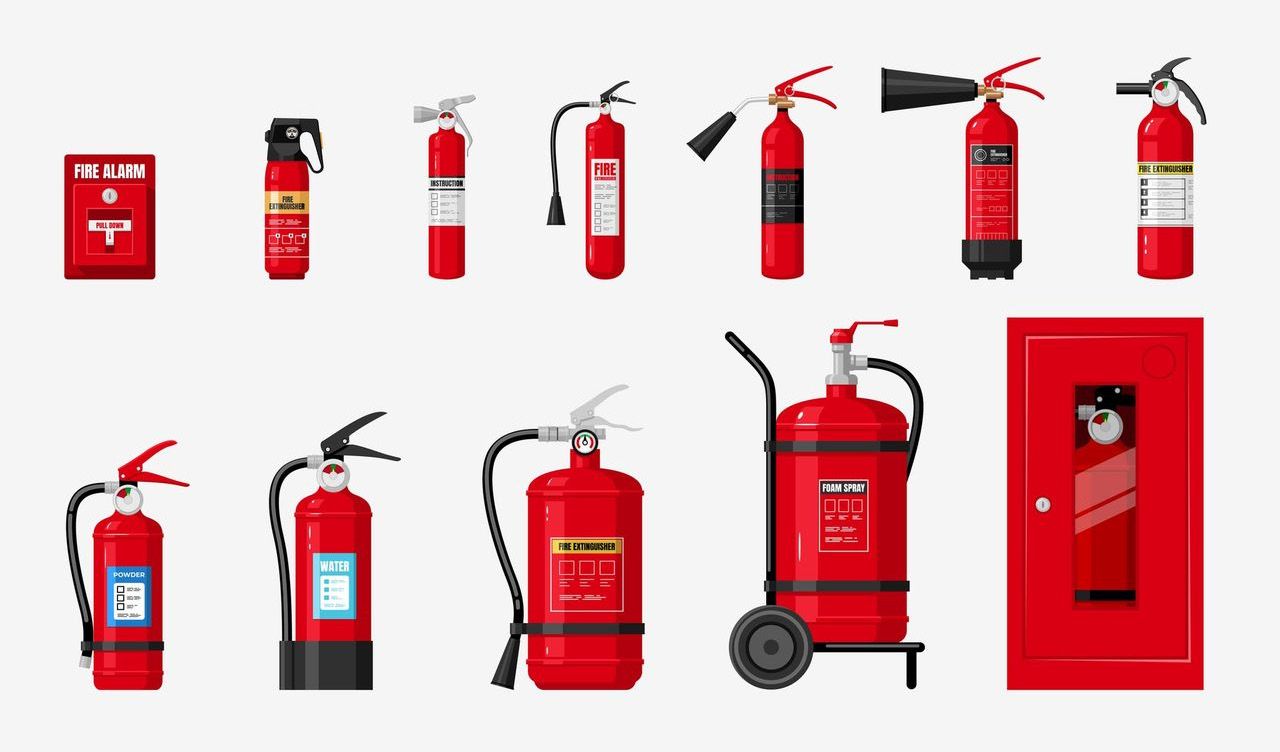 Range of fire extinguishers and a hose cabinet